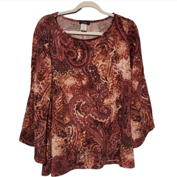 COCOMO Top Womens Plus 1X Brown Copper Paisley Bell Sleeve Celestial Fairy Boho - Picture 2 of 13